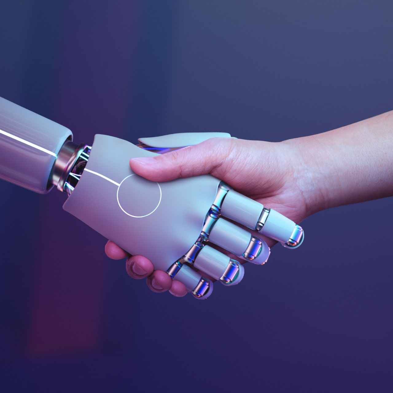 Using a robotic hand, the person shakes hands.